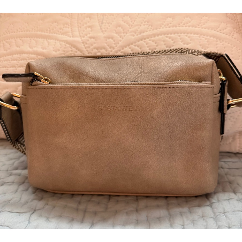 Bostanten Taupe Vegan Leather Crossbody Bag with Woven Guitar Strap